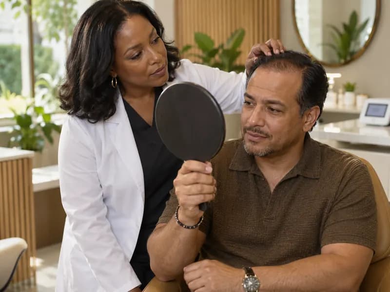 A clinician and a patient reviewing hair restoration results in a hand mirror