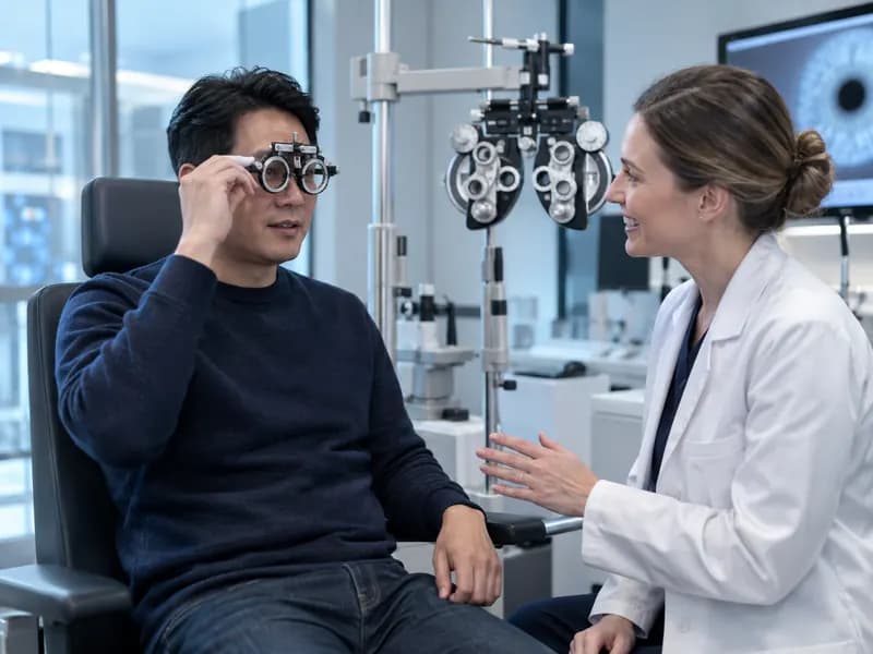 An eye exam in progress at a phoropter