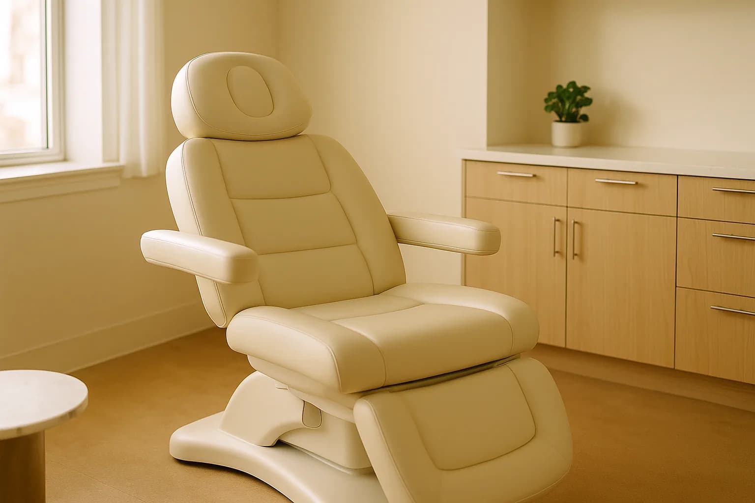An empty aesthetic treatment chair in a warm, quiet clinic room