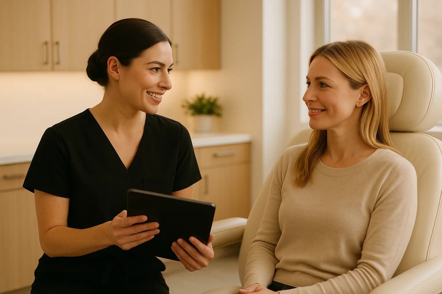 An aesthetic provider in black scrubs holding a tablet, in a warm consultation with a patient seated in a cream treatment chair