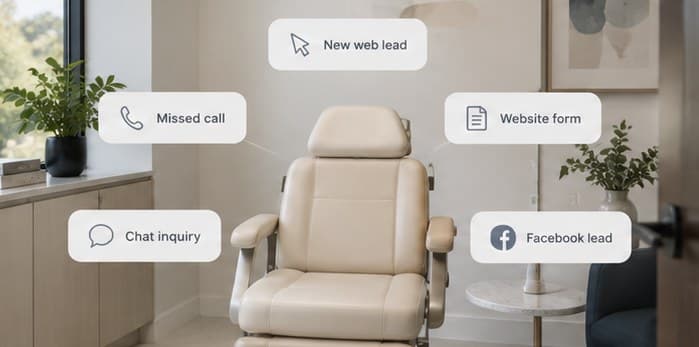An empty treatment chair surrounded by incoming inquiries: a new web lead, a missed call, a website form, a chat inquiry and a Facebook lead
