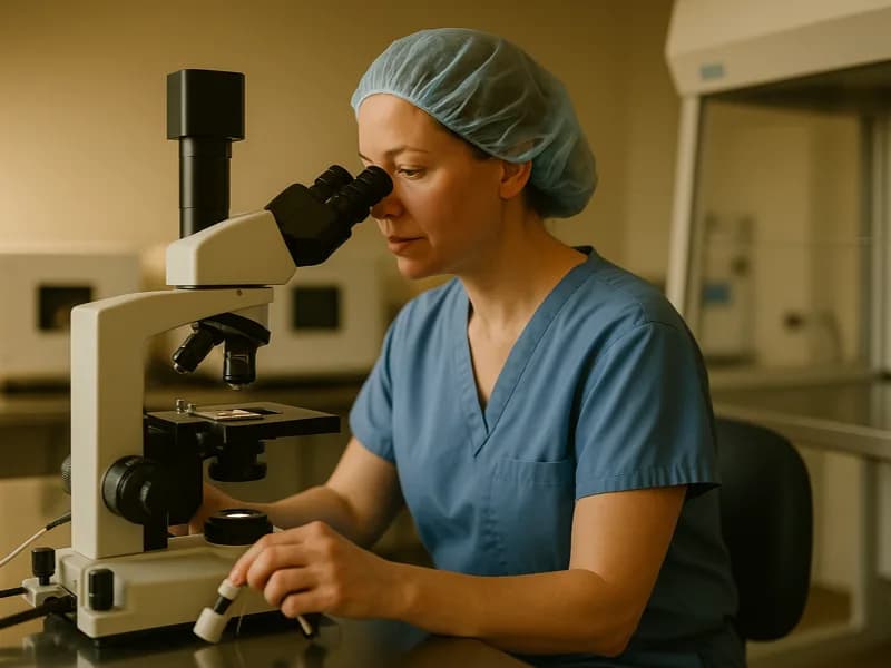 Embryologist in scrubs and a surgical cap working at an inverted microscope in an IVF embryology laboratory, with benchtop incubators behind her