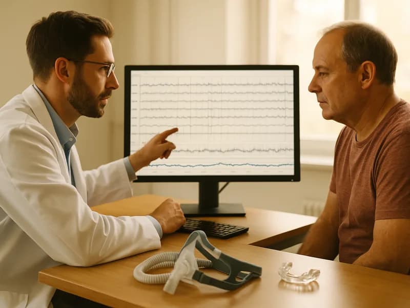 Sleep medicine physician reviewing an overnight sleep study readout with a patient, a CPAP mask and an oral appliance on the desk between them