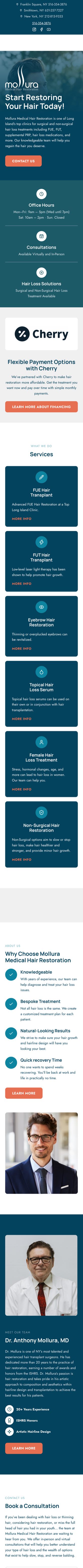 Mollura Medical Hair Restoration homepage as it renders on a phone