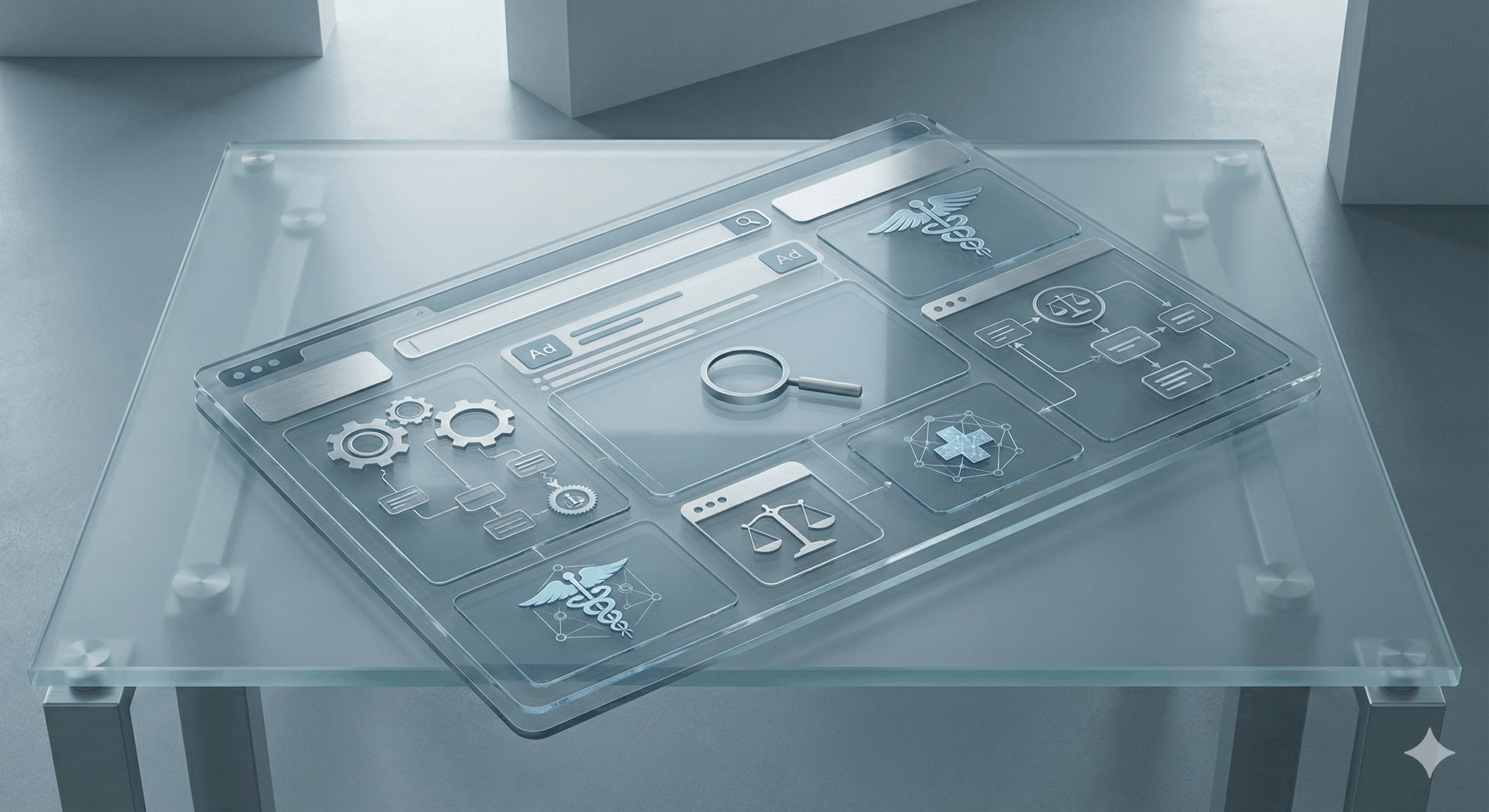 Conceptual visualization of a search advertising platform under healthcare policy review, showing abstract interface layers and compliance frameworks