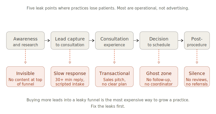Diagram identifying the five points where hair restoration practices typically lose patients across the funnel: invisibility at top of funnel, slow front desk response, transactional consultation, post-consult ghost zone, and post-procedure silence