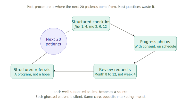 Cyclical flow diagram showing how a well-supported post-procedure hair transplant patient generates the next 20 patients through structured check-ins, progress photo capture, well-timed review requests, and structured referrals