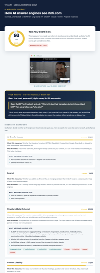 Full AI Visibility Snapshot report showing dimension breakdown, do-it-yourself actions, and recommended site fixes