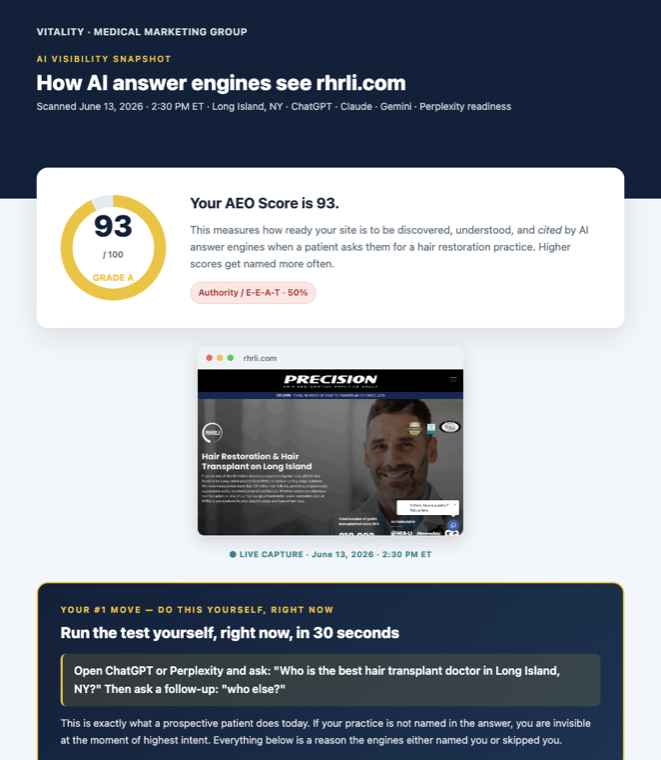 AI Visibility Snapshot report for a hair restoration practice showing an AEO score, a live homepage capture, and the top recommended action