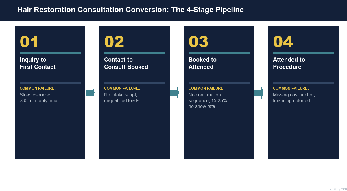 Hair restoration consultation conversion pipeline four stages