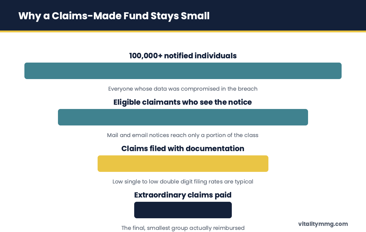 Claims-made settlement funnel showing why Bosley's data breach fund stayed small despite 100,000+ notified patients